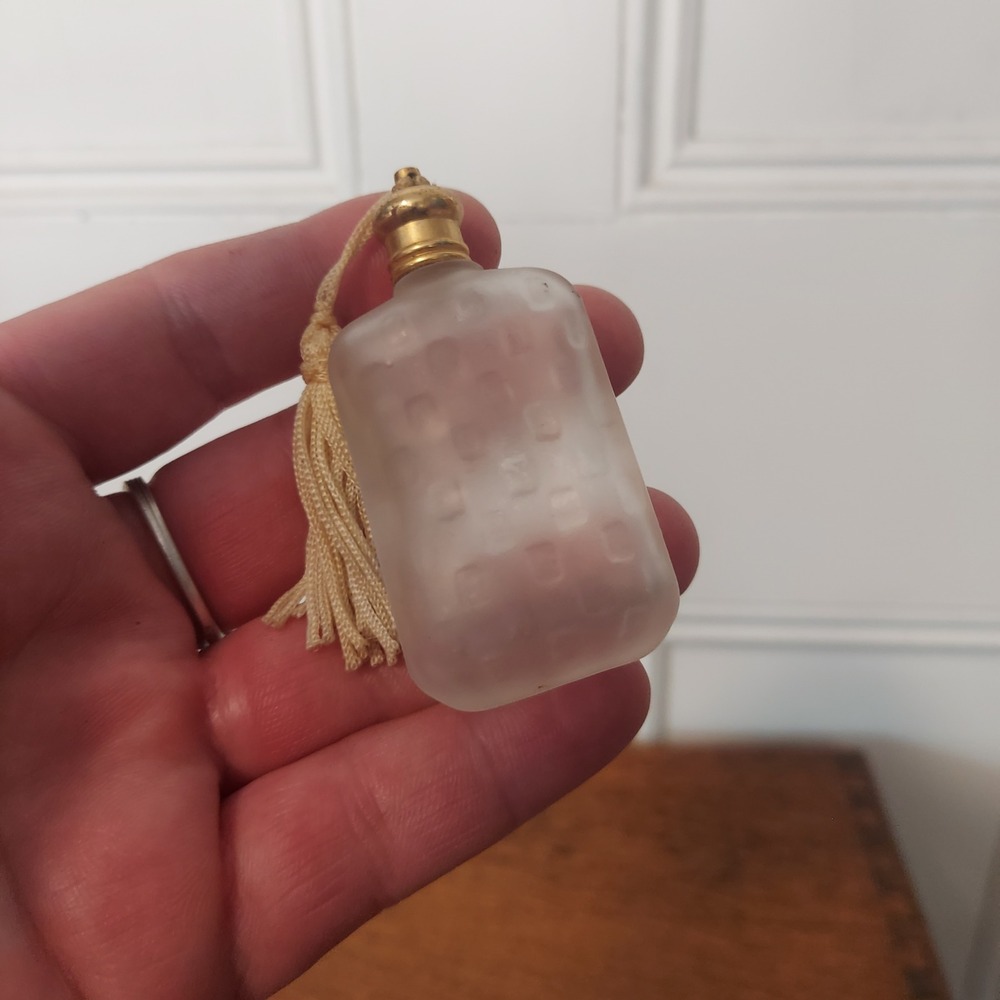 Vintage Frosted Glass Mini Perfume Bottle Gold Cap Cream Tassel Textured Waffle